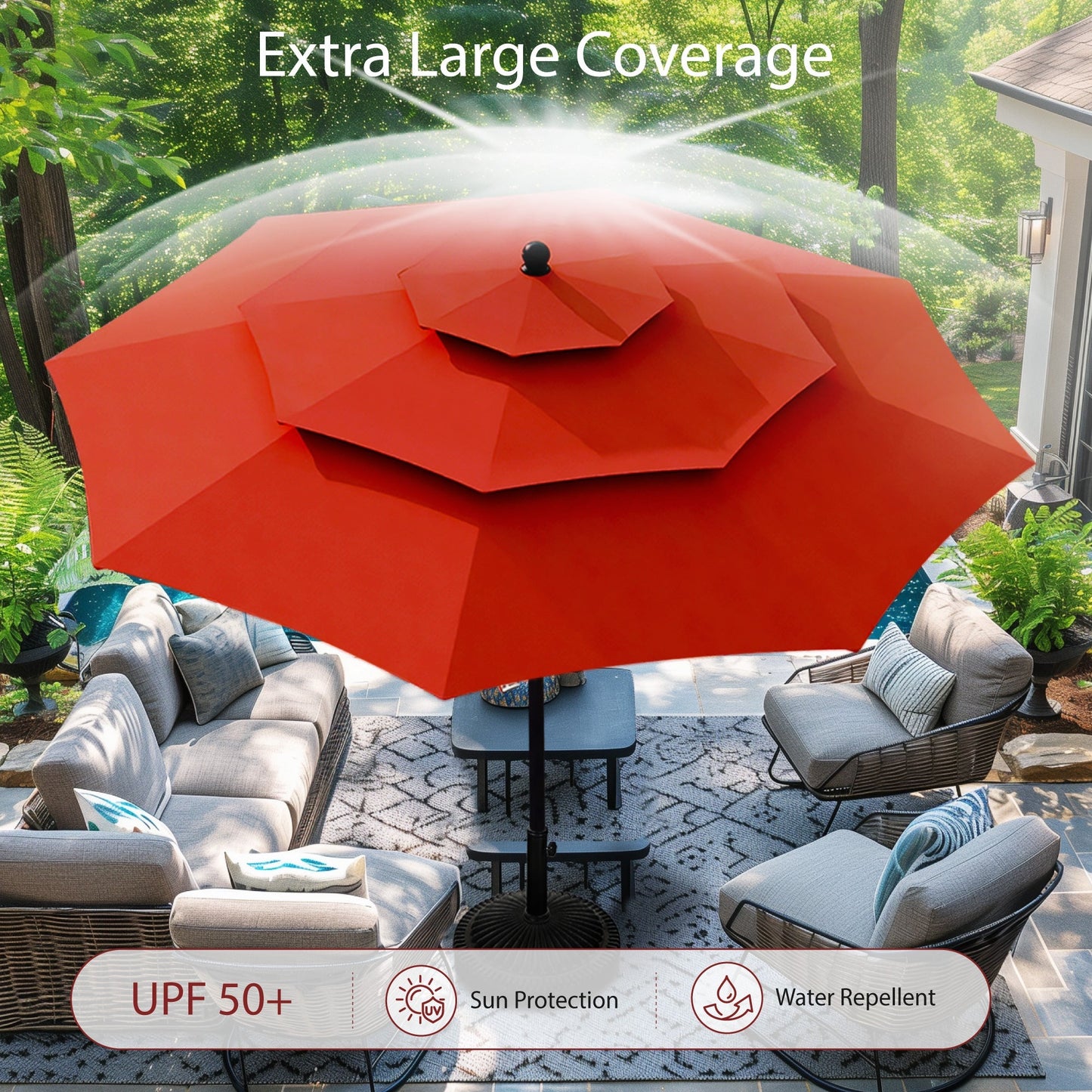 Alpha Joy  10ft 3 Tier Auto-tilt Outdoor Patio Umbrella Beach Garden Double Vented Table Umbrella with Push Button Tilt and Crank,Red
