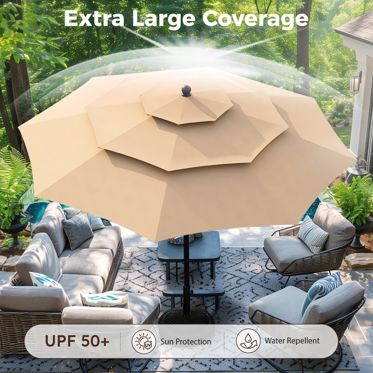 Alpha Joy 10ft 3-Tier Auto-Tilt Patio Umbrella, Steel Pole & Ribs ¨C Double Vented, Push-Button Tilt & Crank, Beige