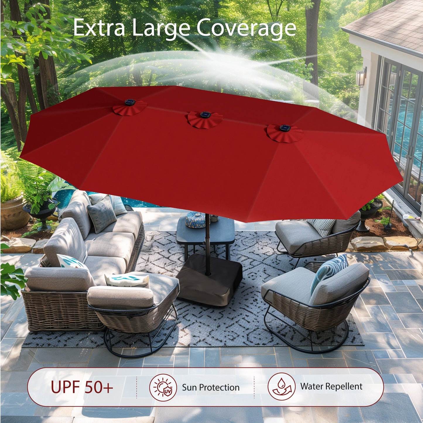 Alpha Joy 15ft Extra Large Outdoor Patio Double-Sided Umbrella with Solar Lights & Umbrella Base, Burgundy