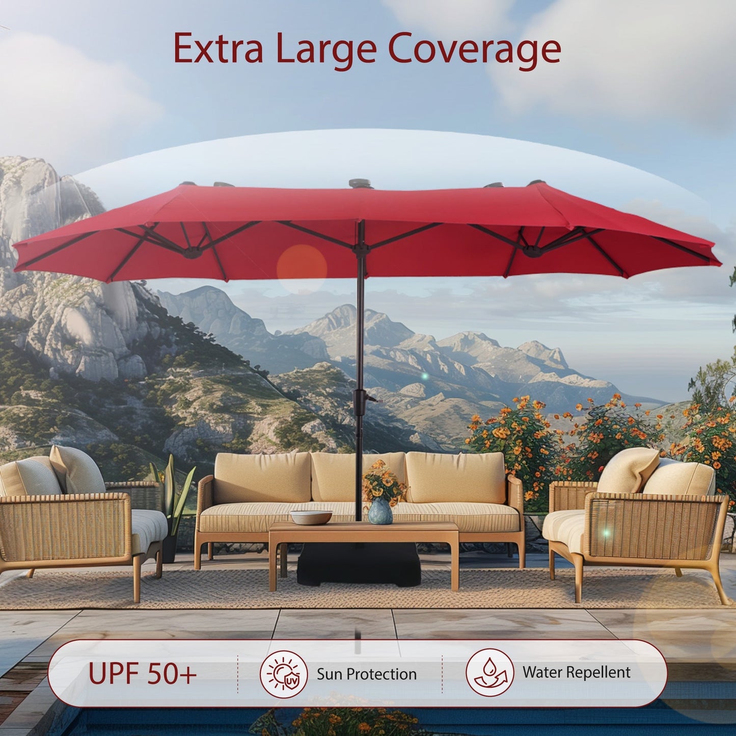 Alpha Joy 13x6.5ft Double-Sided Extra Large Outdoor Patio Market Rectangle Umbrella with Crank Handle, Red