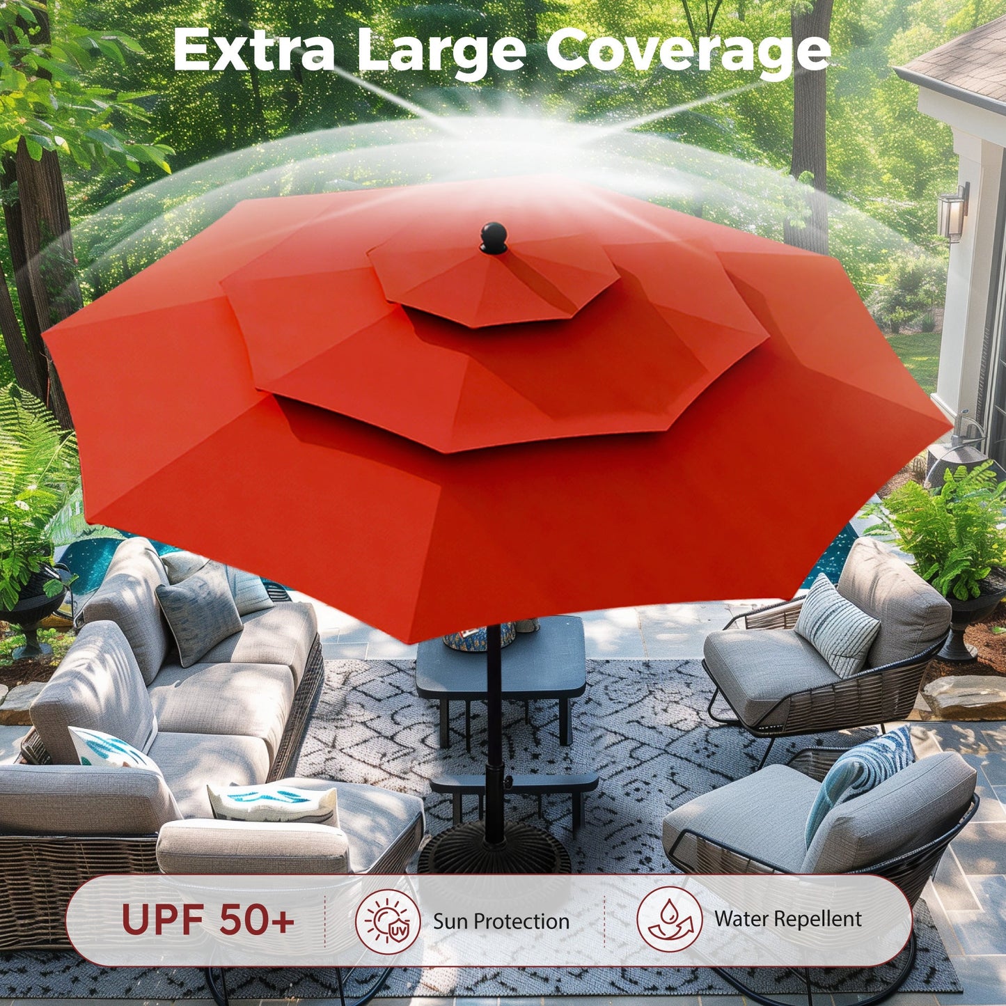 Alpha Joy 10ft 3 Tier Auto-tilt Outdoor Patio Umbrella Beach Garden Double Vented Table Umbrella with Push Button Tilt and Crank, Orange Red