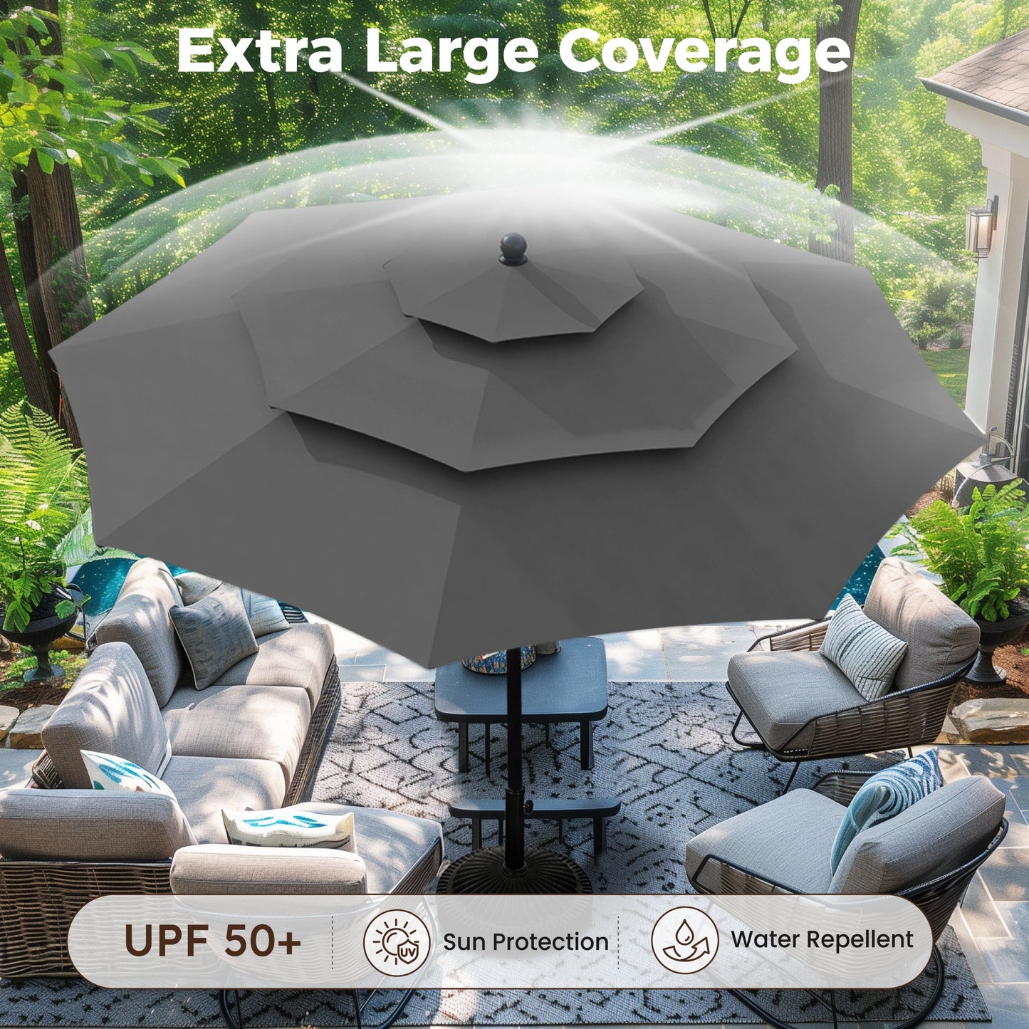 Alpha Joy 10ft 3-Tier Auto-Tilt Patio Umbrella, Steel Pole & Ribs ¨C Double Vented, Push-Button Tilt & Crank, Smoky Gray
