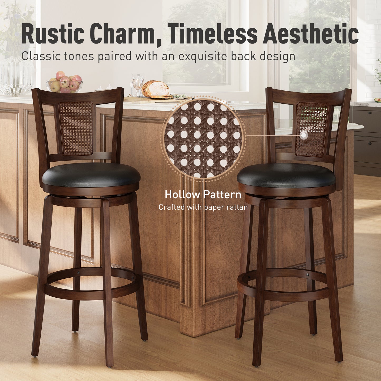 Sophia & William 30" Swivel Bar Stools, Set of 2 with Curved Backrest Durable Wood Frame Padded Counter Stools for Kitchen Island,Black