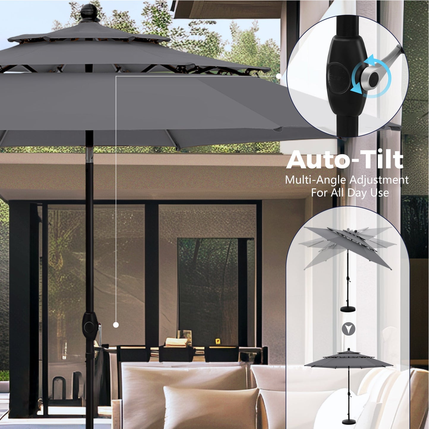 Alpha Joy 10ft 3 Tier Auto-Tilt Outdoor Patio Umbrella Beach Garden Double Vented Table Umbrella with Push Button and Crank, Smoky Gray