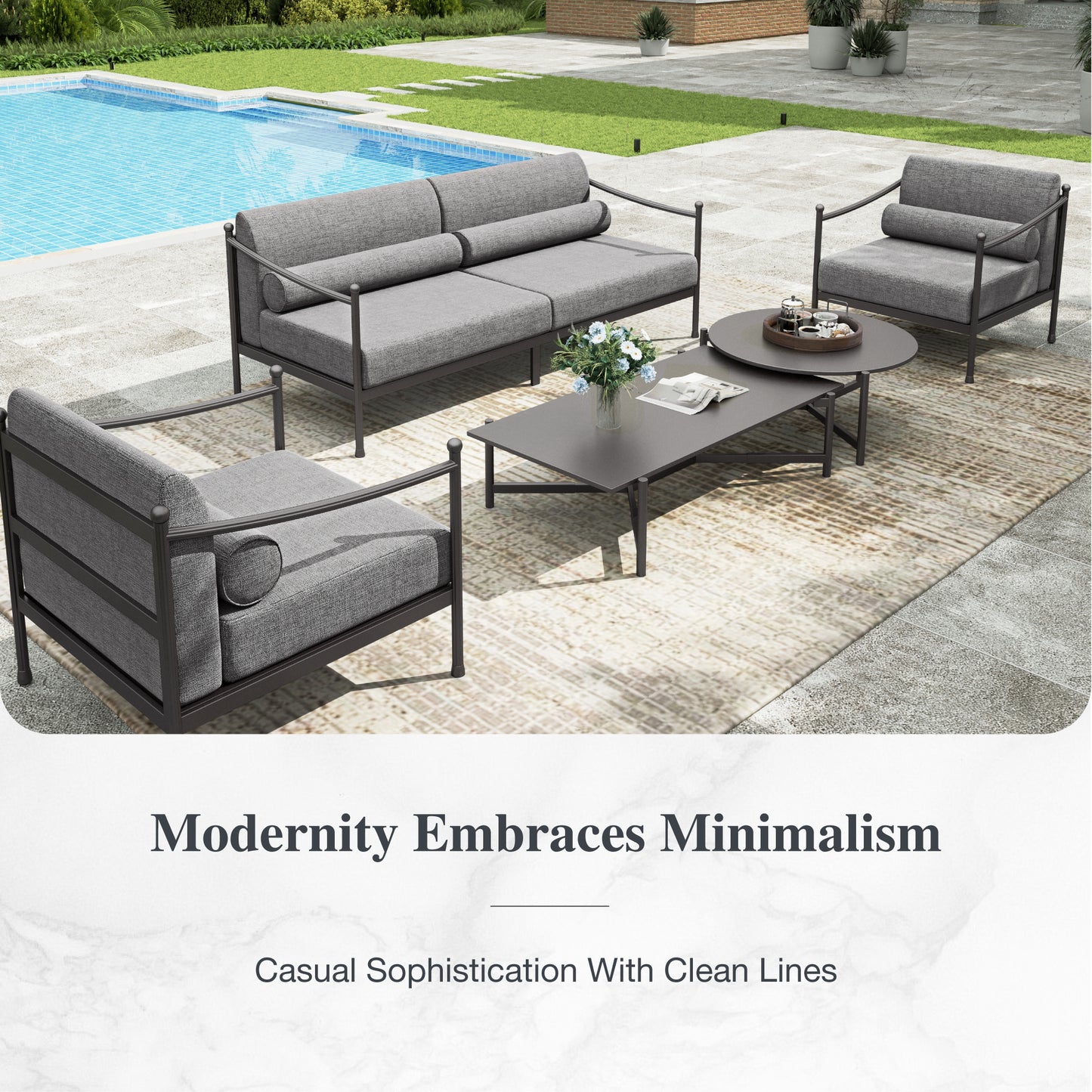 Sophia&William 5 Pieces Outdoor Patio Furniture Set Modern Metal Conversation Set with 28.3" Wider Chairs & Modular Coffee Table & 7.1" Gray Cushions