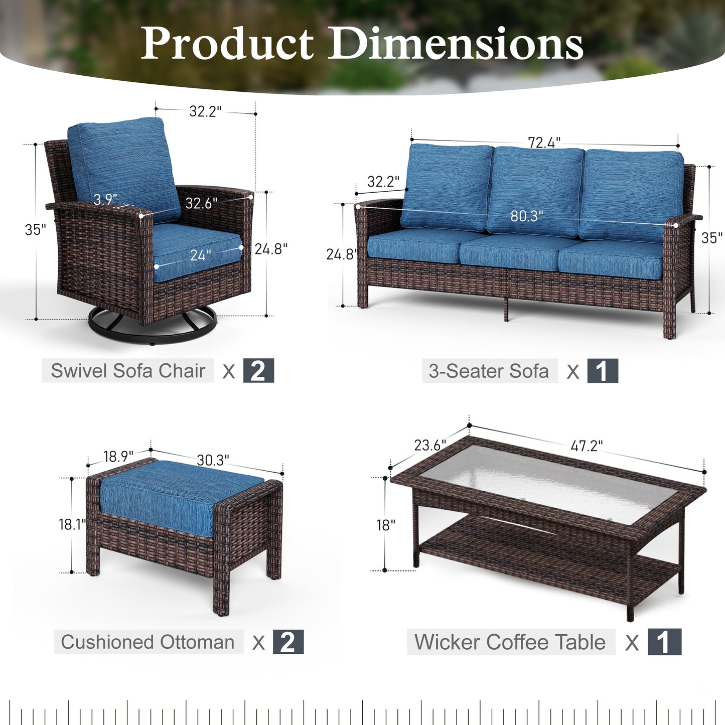 Sophia & William 6 Pieces Outdoor Furniture Set with Swivel Chairs 7-Seat Wicker Patio Conversation Set with Thickened Cushions