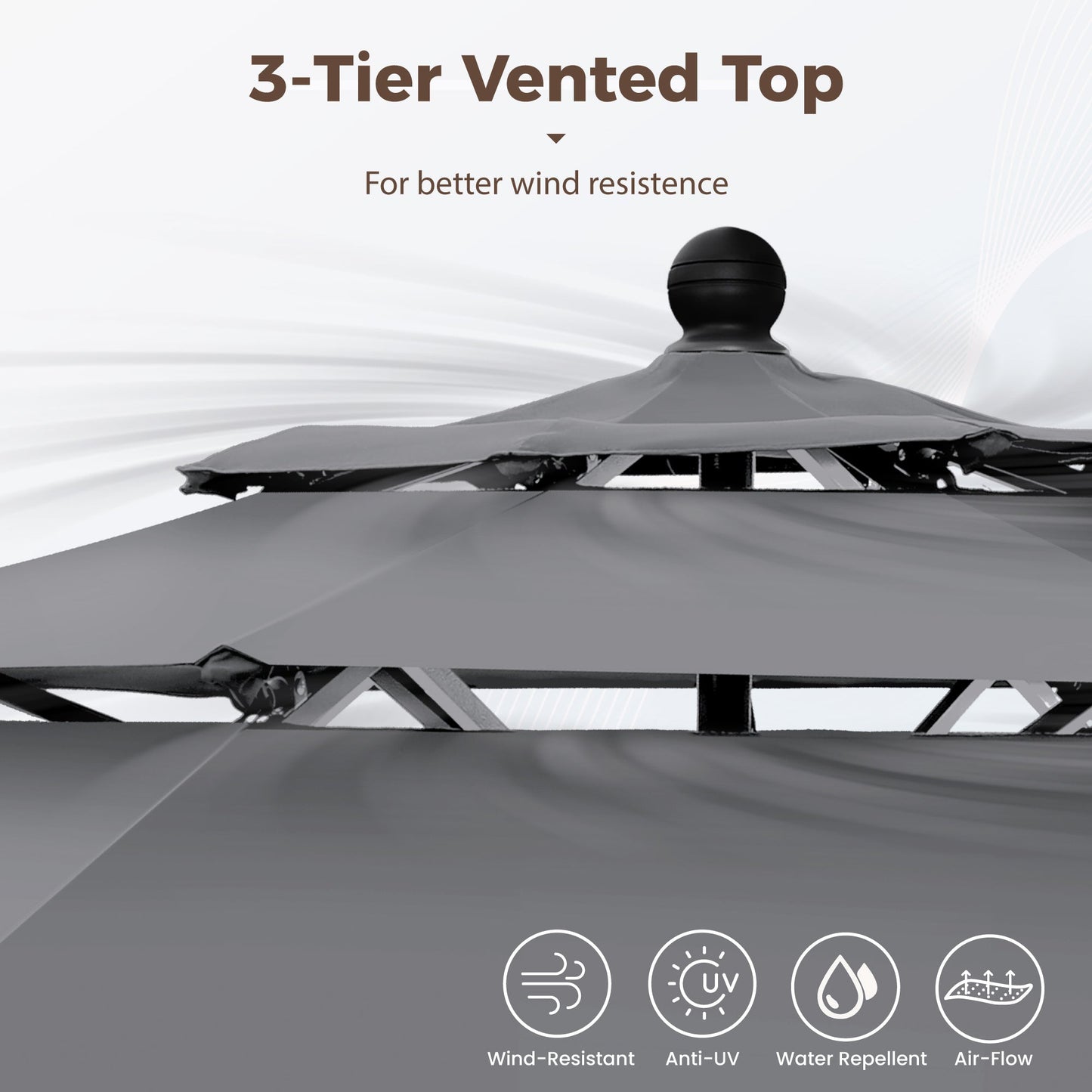 Alpha Joy 10ft 3-Tier Auto-Tilt Patio Umbrella, Steel Pole & Ribs ¨C Double Vented, Push-Button Tilt & Crank, Smoky Gray