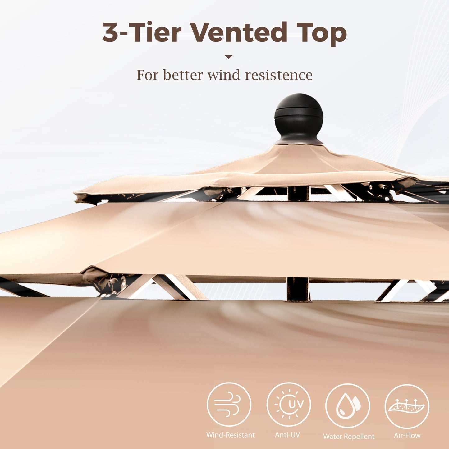 Alpha Joy 10ft 3-Tier Auto-Tilt Patio Umbrella, Steel Pole & Ribs ¨C Double Vented, Push-Button Tilt & Crank, Beige