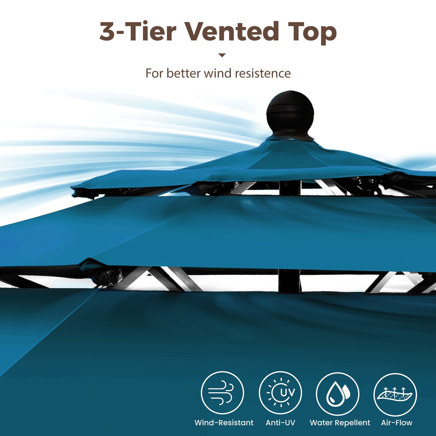 Alpha Joy 10ft 3-Tier Auto-Tilt Patio Umbrella, Steel Pole & Ribs ¨C Double Vented, Push-Button Tilt & Crank, Cerulean