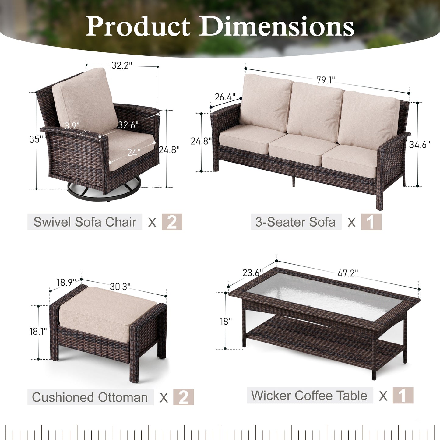 Sophia & William 6 Pieces Outdoor Furniture Set with Swivel Chairs 7-Seat Wicker Patio Conversation Set with Thickened Cushions