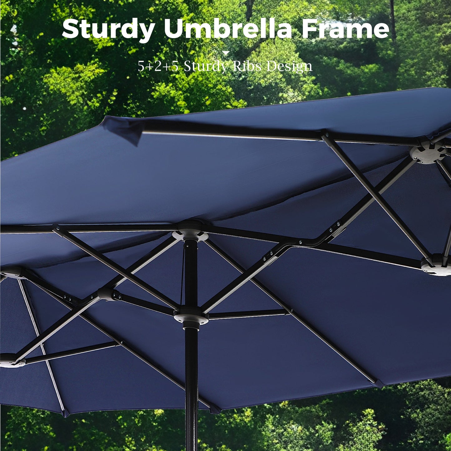 Sophia & William 8-Piece Outdoor Patio Dining Set with 13ft Navy Umbrella, Rectangle Table & Blue Padded Textilene Chairs Furniture Set