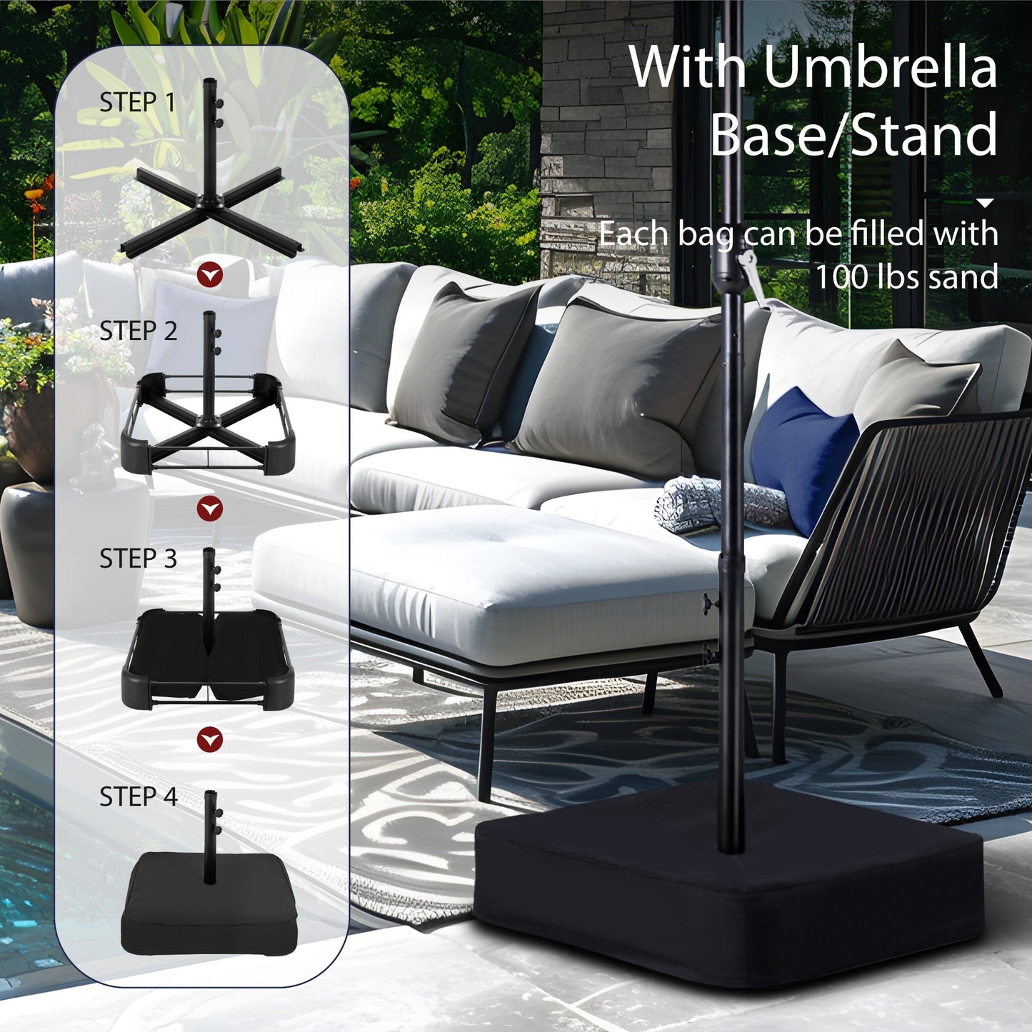 Alpha Joy 15ft Extra Large Outdoor Patio Double-Sided Umbrella with Solar Lights & Umbrella Base, Red