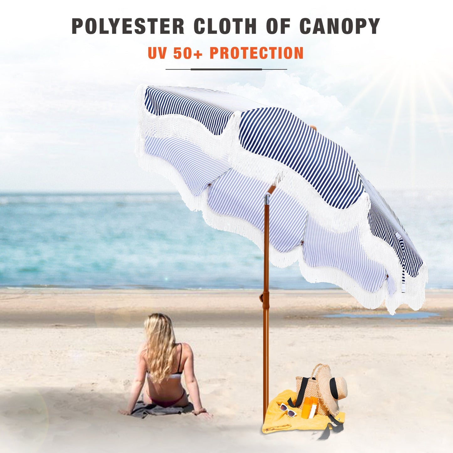 Alpha Joy 7FT Outdoor Parasol Umbrella Fiberglass Ribs Umbrella with Tassel, Navy Blue Strips