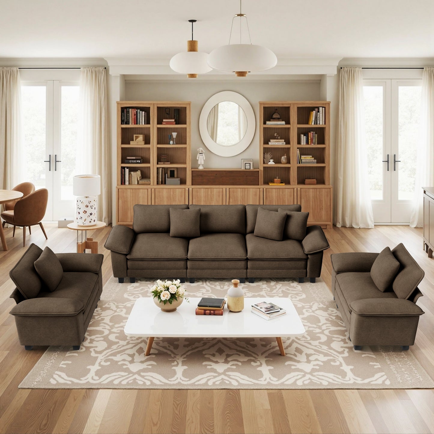 Sophia&William 123.6"L Modular Sectional Sofa Sets, Modern Chenille Cloud Couch 5-Seat 24.4"W Deep Sofa Sectional with 5 Pillows for Living Room,Brown