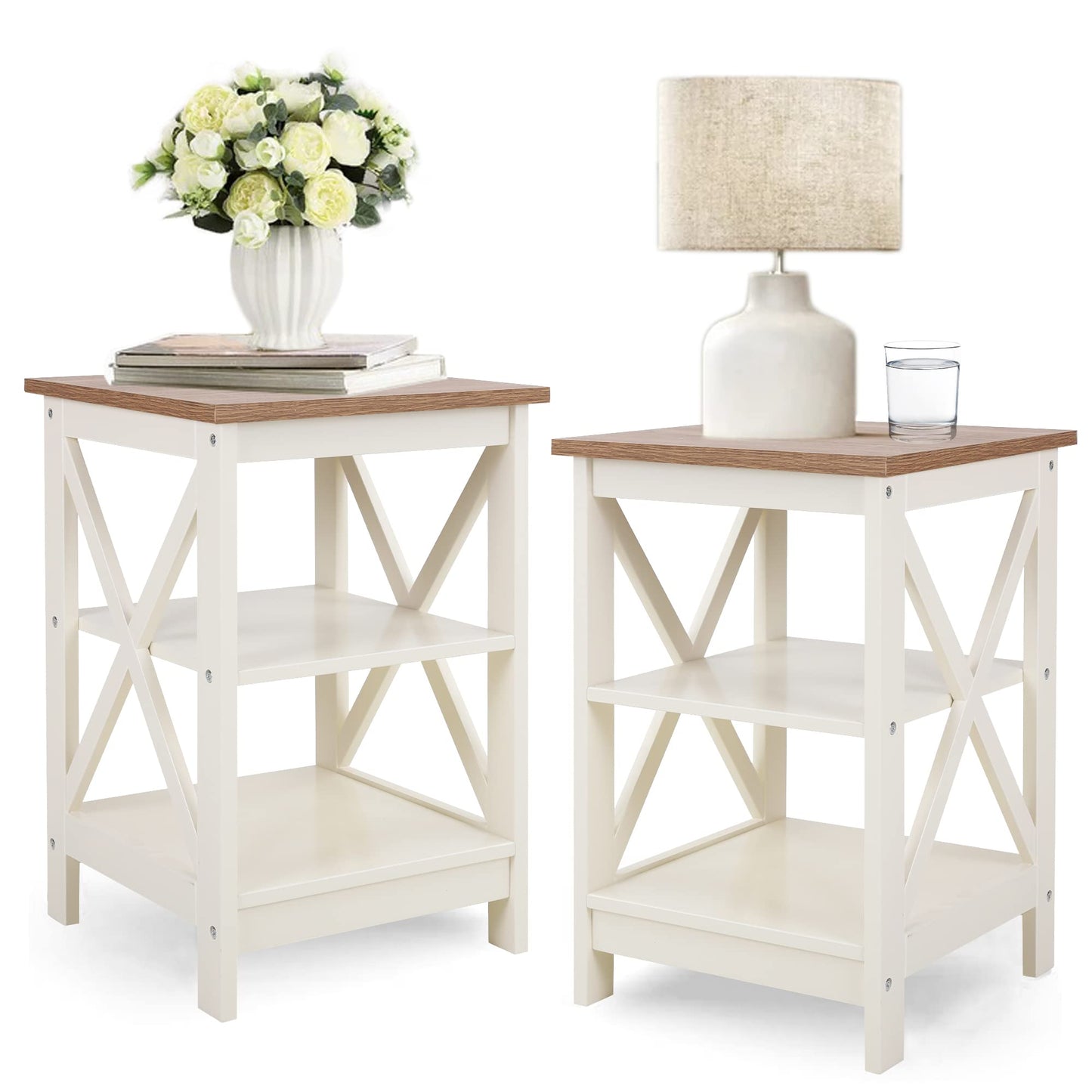 PHI VILLA End Table Living Room Set of 2, Farmhouse Bed Side Table Nightstands for Bedroom, Ivory White Small Side Table