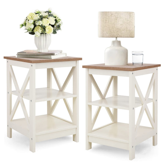 PHI VILLA End Table Living Room Set of 2, Farmhouse Bed Side Table Nightstands for Bedroom, Ivory White Small Side Table