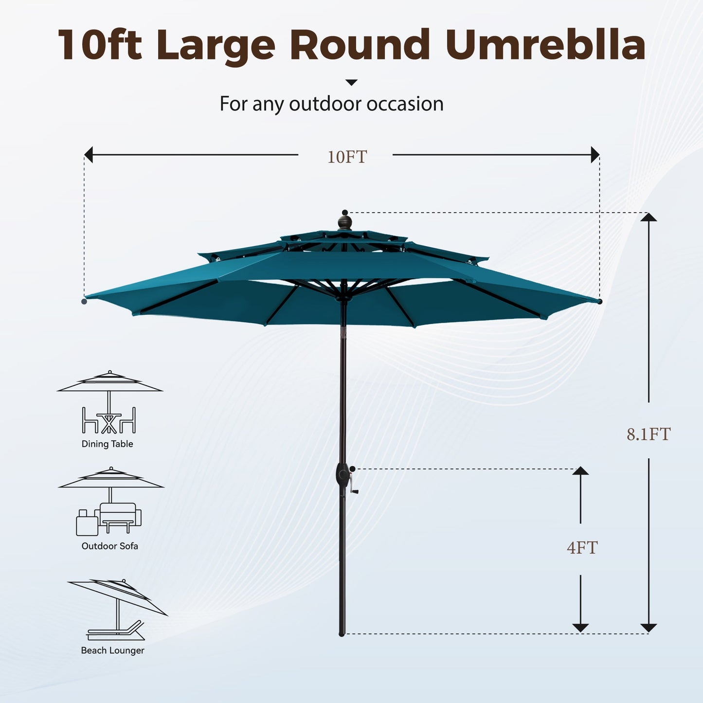 Alpha Joy 10ft 3-Tier Auto-Tilt Patio Umbrella, Steel Pole & Ribs ¨C Double Vented, Push-Button Tilt & Crank, Cerulean