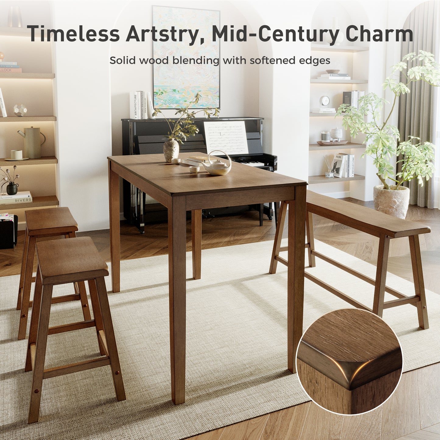 Alpha Joy 4 Pieces Dining Table Set for 4 Space-Saving Wood Kitchen Counter Height Bar Table, 2 Stools and Bench- Rustic Caramel