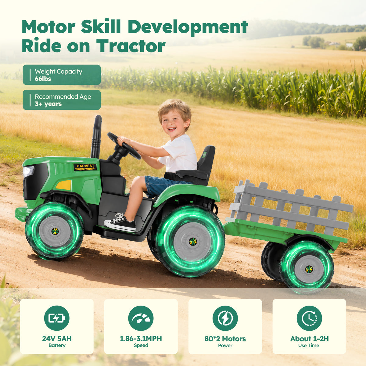 Alpha Joy 24V Powered Ride on Tractor with Detachable Trailer Electric Toy Car with Remote Control, Tippable Trailer, USB, Headlight, Bluetooth, 3 Speed Adjustable for Kids 3+, Green