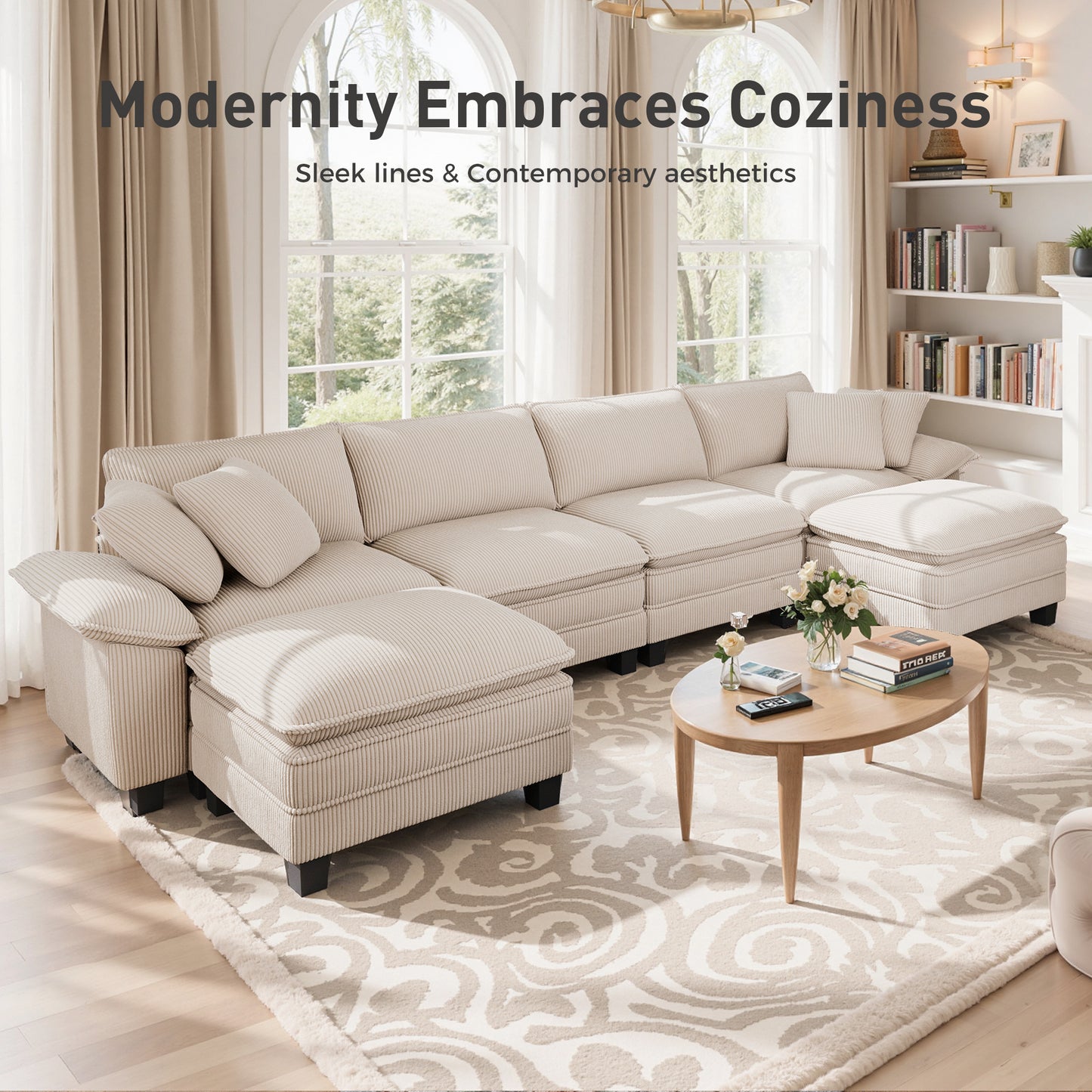 Sophia&William 157.5"L Modular Sectional Sofa Sets, Modern Chenille Couch 6-Seat Oversized Cloud Sofa with 4 Pillows & 2 Ottomans for Living Room,Beige