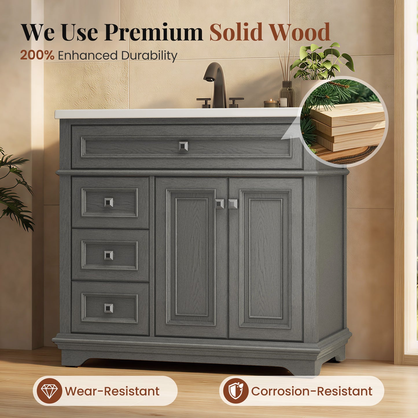 Sophia & William 36inch Bathroom Vanity with 5inch Deep Sink Freestanding Wood Bathroom Cabinet Vanity with 2 Doors with Shelf & 2 Drawers, Grey