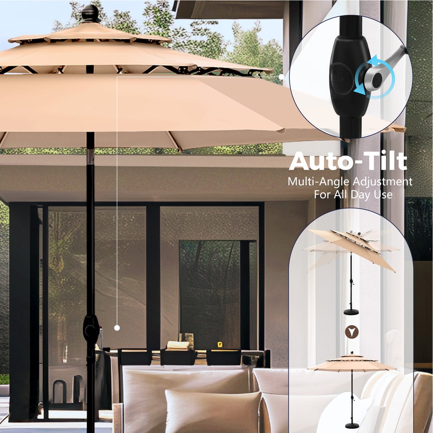 Alpha Joy 10ft 3-Tier Auto-Tilt Patio Umbrella, Steel Pole & Ribs ¨C Double Vented, Push-Button Tilt & Crank, Beige