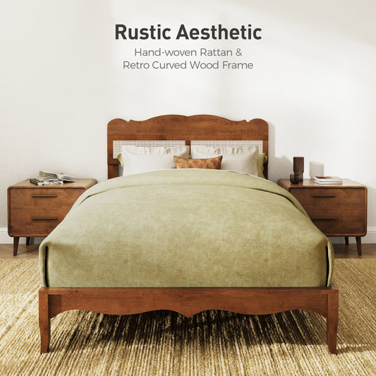 Sophia & William Full Size Wood Platform Bed Frame with Wooven Rattan Adjustable Headboard & Wooden Slats,No Box Spring Needed