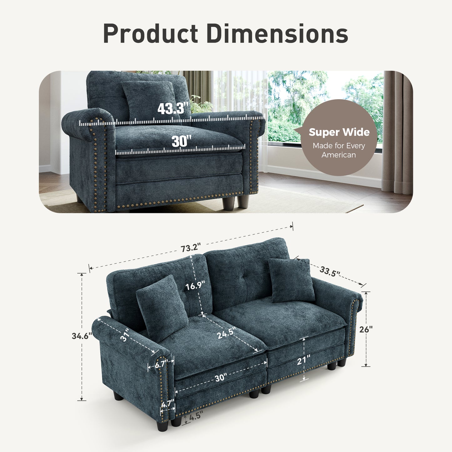 Sophia&William 2-Seat Modular Sectional Sofa Set, Mid-Century Chenille Cloud Couch Oversized Sofa with Retro Nailhead Trim and 2 Throw Pillows for Living Room, Cyan