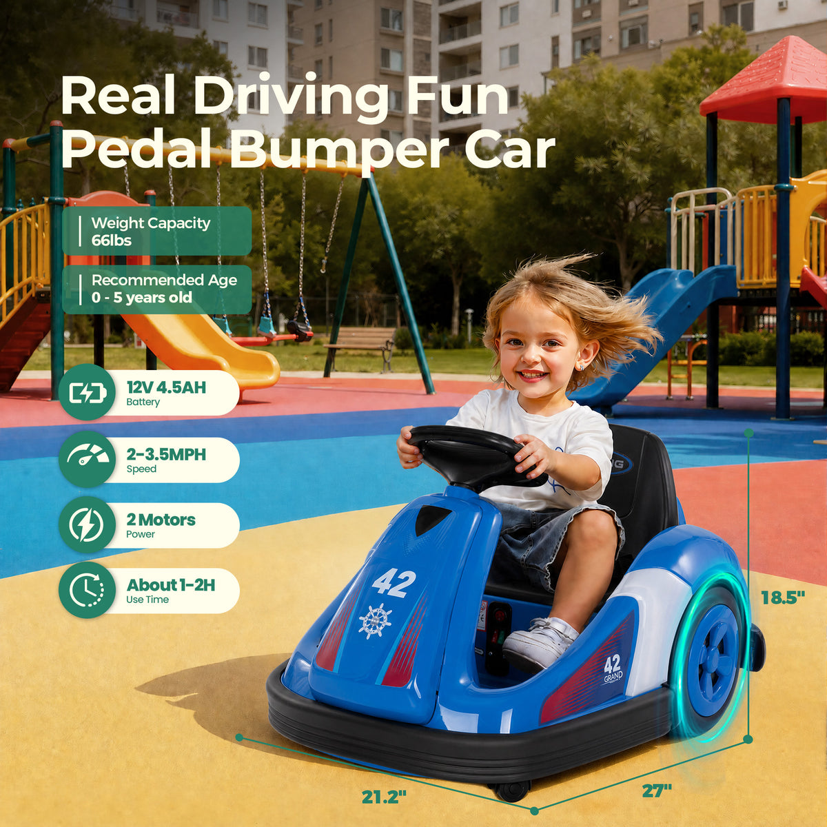 Alpha Joy Kids 12V Bumper Car with Steering Wheel & Remote Control, 3-Color LED Lights, 3 Speeds, Electric Ride-on Toys Car for 3-6 Years, Royal Blue