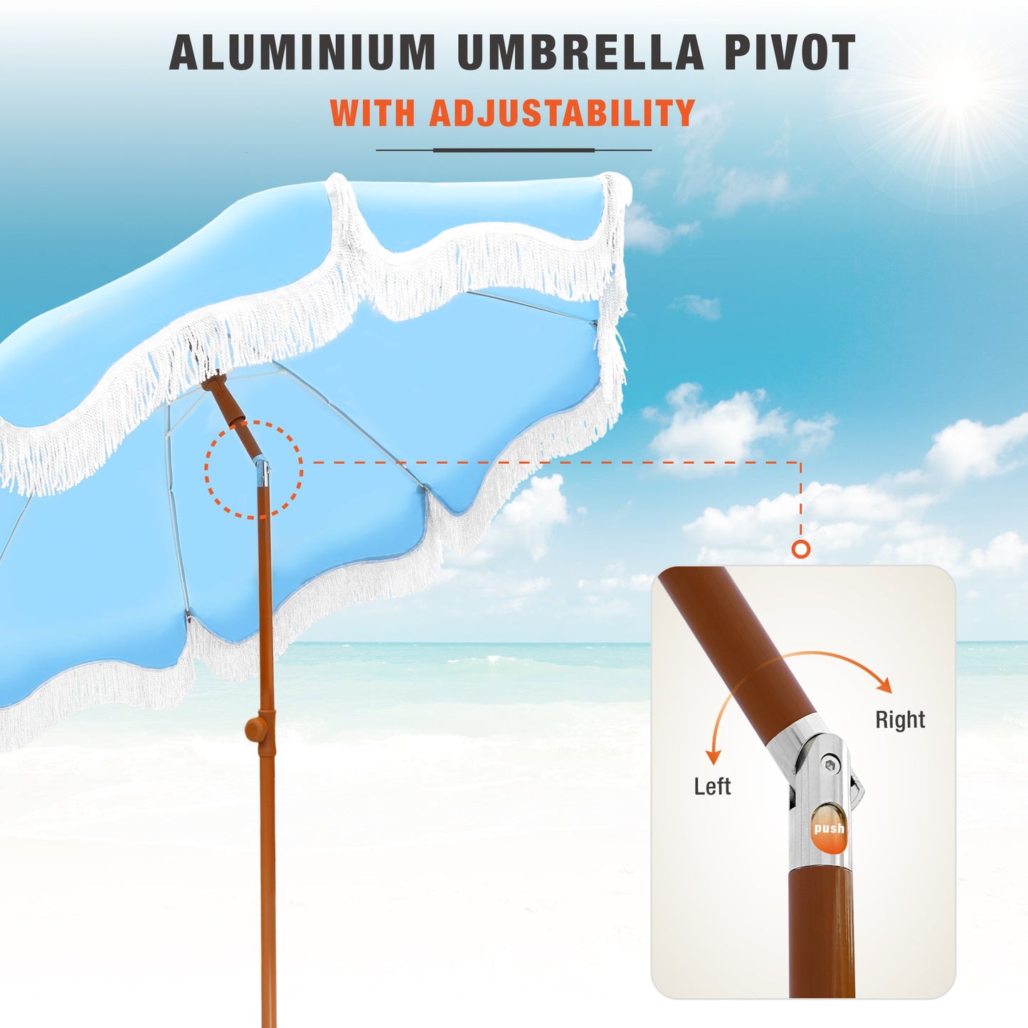 Alpha Joy 7FT Outdoor Parasol Beach Umbrella Fiberglass Ribs Umbrella with Tassel, Sky Blue