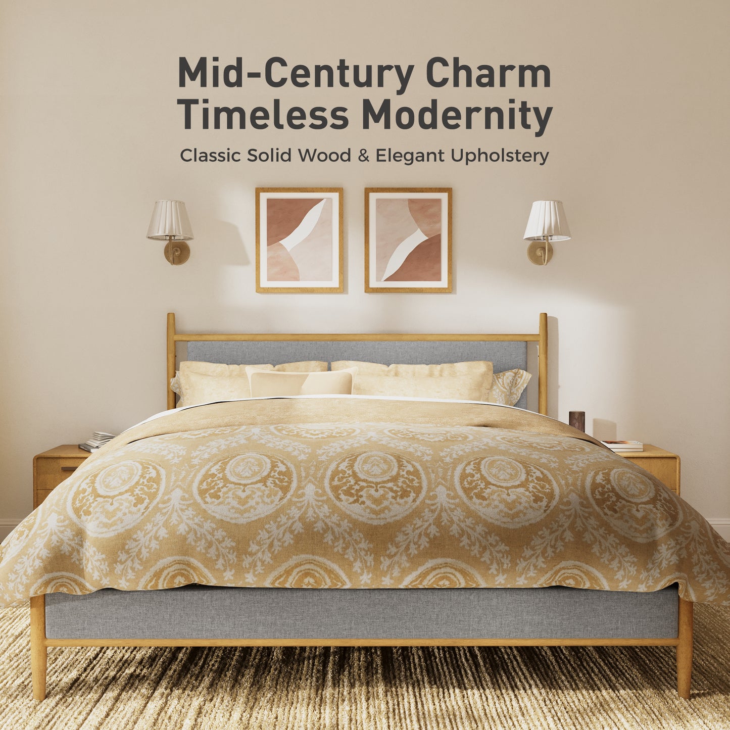Sophia & William King Size Wood Bed Frame Upholstered Platform Bed Frame with Headboard & Footboard Mid-Century Bedroom Furniture,No Box Spring Needed,Gray