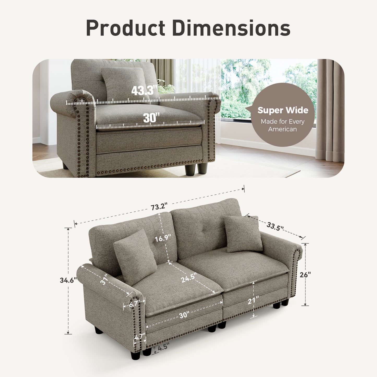 Sophia&William 2-Seat Sectional Sofa Set, Mid-Century Linen Cloud Couch Retro Nailhead Trim Modular Sofa with 2 Pillows for Living Room, Light Gray