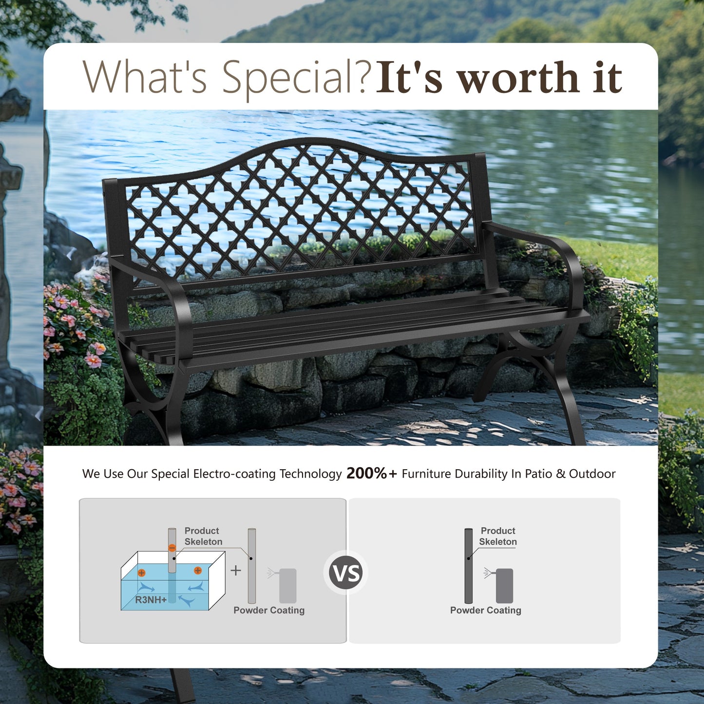 50" Black Outdoor Park Bench with Stylish Camelback Back Frame, Durable & Comfortable