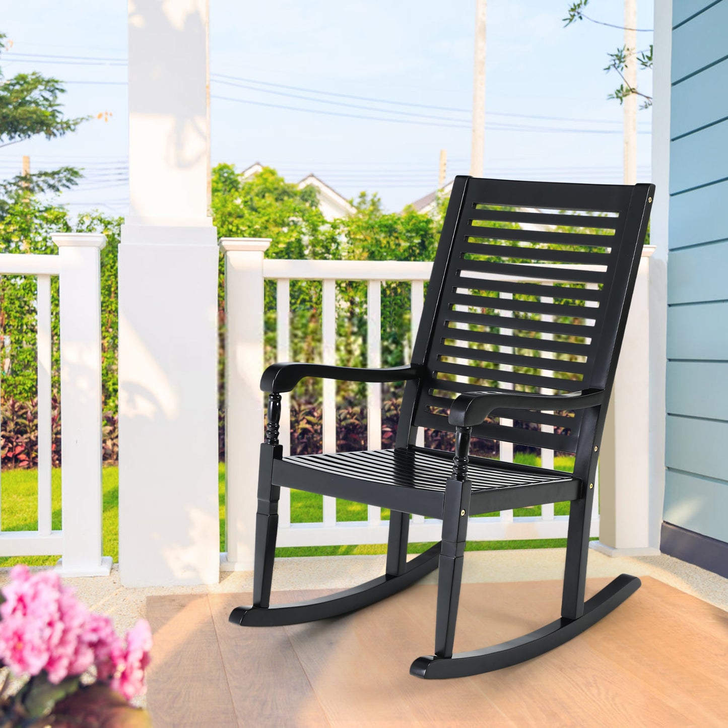 Sophia & William Outdoor Acacia Wood Nantucket Porch Rocking Chair - Black
