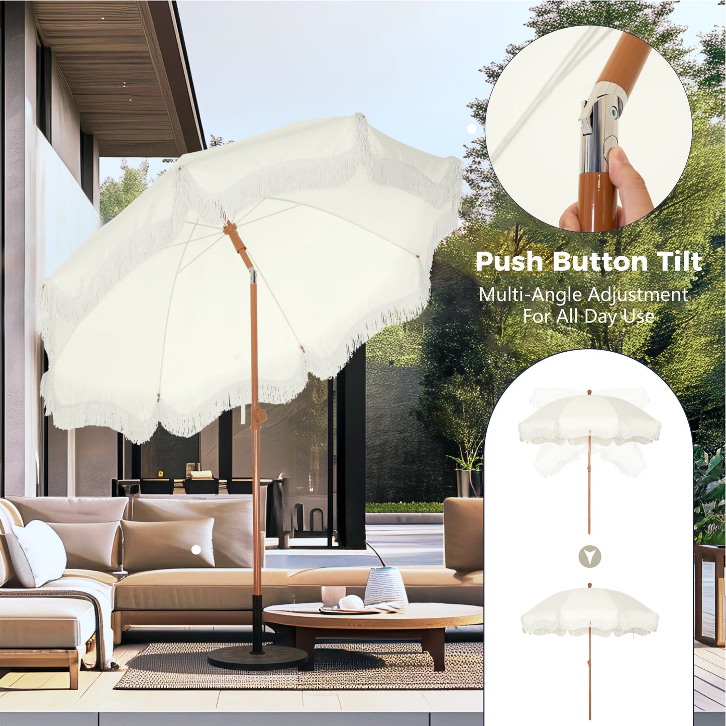 Alpha Joy 7FT Outdoor Parasol Beach Umbrella Fiberglass Ribs Umbrella with Tassel, Ivory