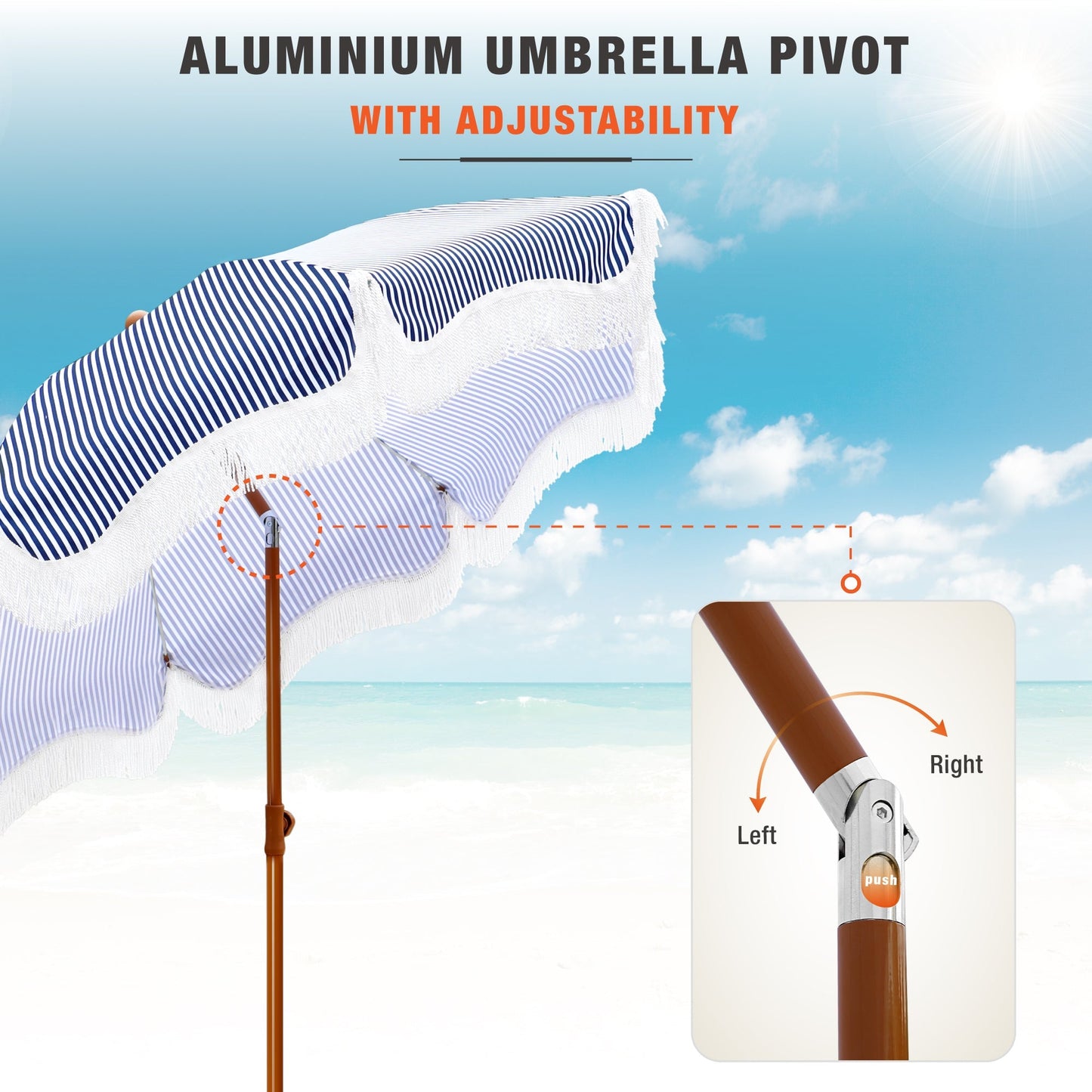 Alpha Joy 7FT Outdoor Parasol Umbrella Fiberglass Ribs Umbrella with Tassel, Navy Blue Strips