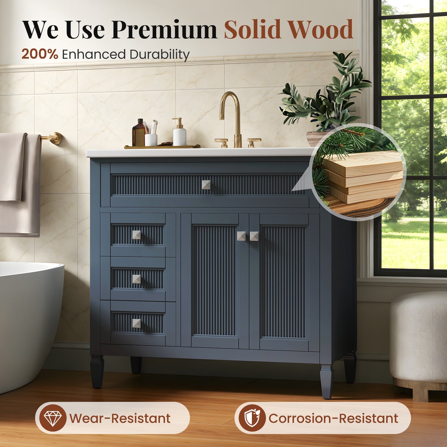 Sophia & William 36inch Bathroom Vanity with 5inch Deep Sink Freestanding Wood Bathroom Cabinet Vanity with 2 Doors & 2 Drawers & Adjustable Shelf, Charcoal Blue