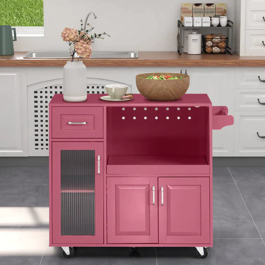 Sophia&William Kitchen Island Cart on Wheels with Extendable Tray, Adjustable Shelf and Glass Door-Red