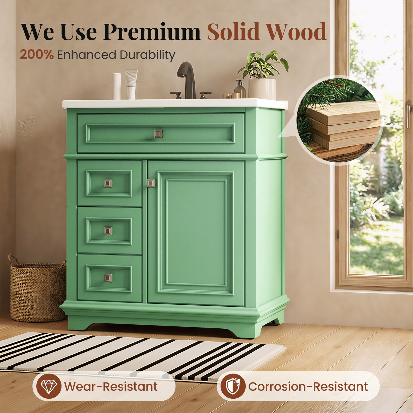 Sophia & William 30inch Bathroom Vanity with 5inch Deep Sink Freestanding Wood Bathroom Cabinet Vanity with 1 Door & 2 Drawers, Sage Green