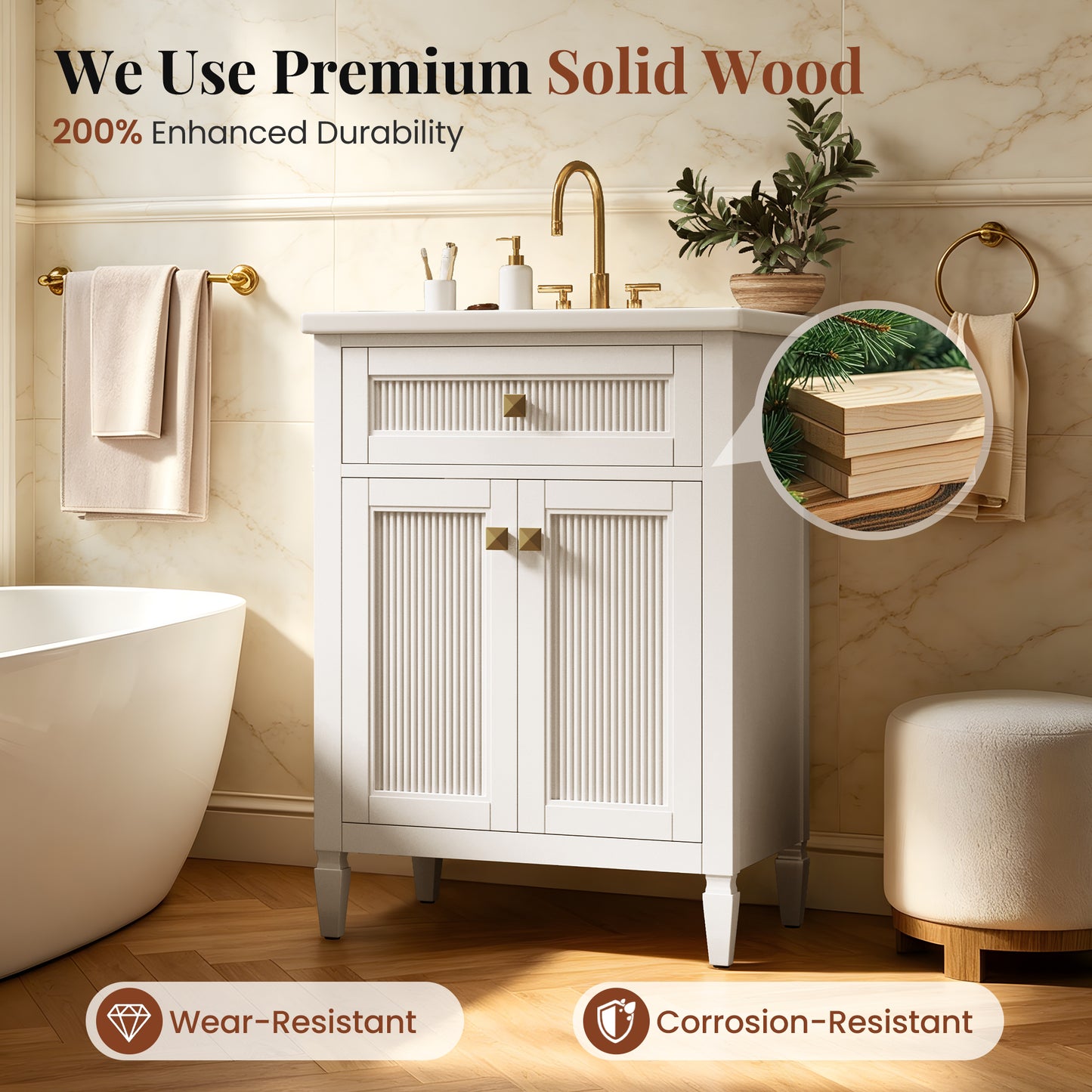Sophia & William 24inch Bathroom Vanity with 5inch Deep Sink Freestanding Wood Bathroom Cabinet Vanity with 2 Doors & 3-Level Adjustable Shelf, White