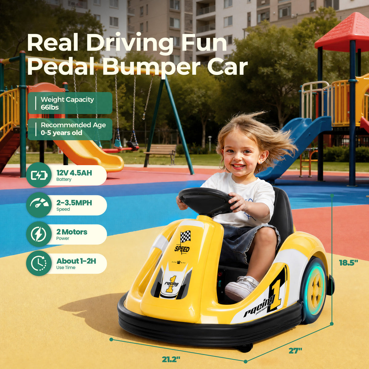 Alpha Joy Kids 12V Bumper Car with Steering Wheel & Remote Control, 3-Color LED Lights, 3 Speeds, Electric Ride-on Toys Car for 3-6 Years, Yellow