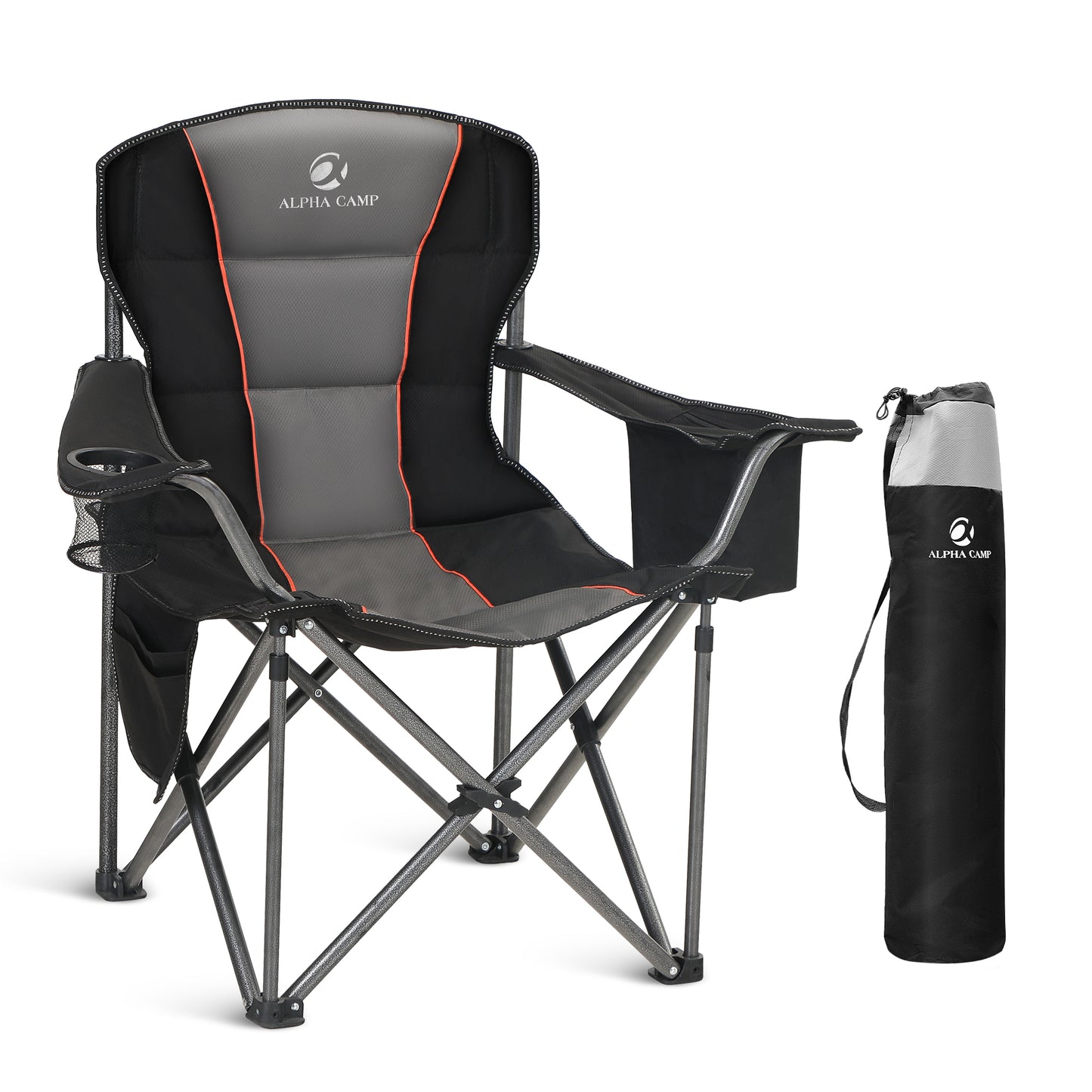 Alpha Joy Foldable Camping Chair Oversized Padded Heavy Duty Portable Quad Chair with Cooler Bag & Cup Holder, Black