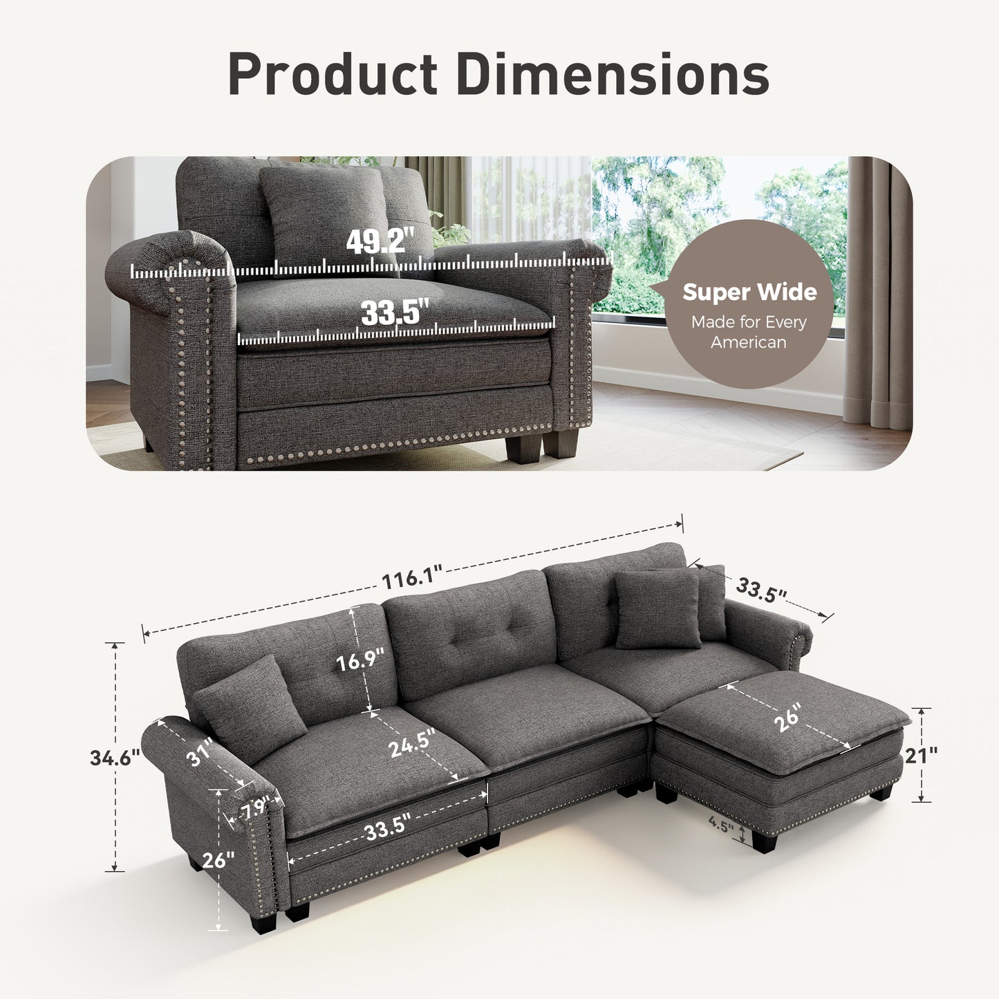 Sophia&William Modular Sectional Sofa Set, L-shaped Oversized Linen Cloud Couch Set 4-Seat Retro Nailhead Trim Cloud Sofa Set with 3 Pillows for Living Room, Dark Gray