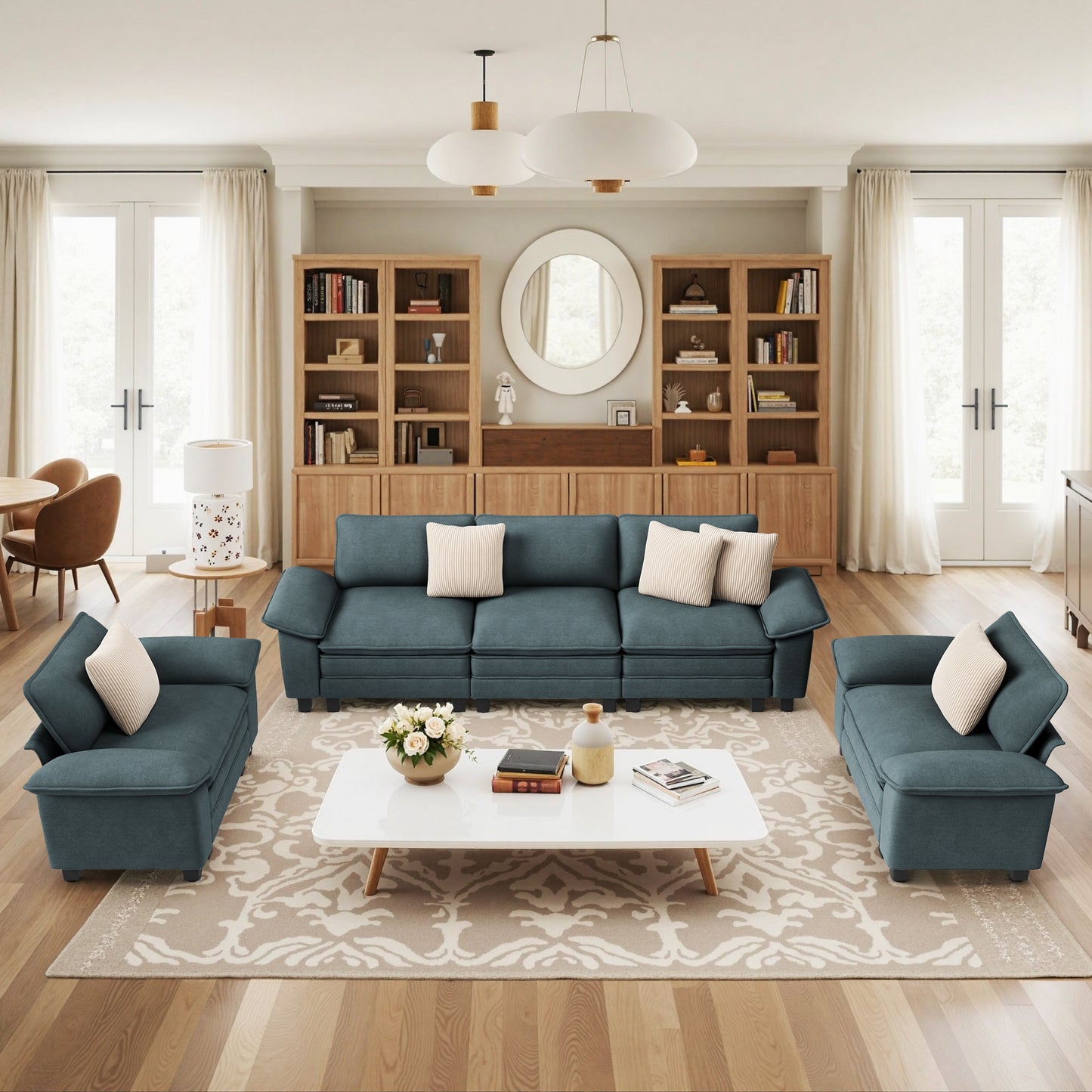 Sophia&William 123.6"L Modular Sectional Sofa Sets, Modern Chenille Cloud Couch 5-Seat 24.4"W Deep Sofa Sectional with 5 Pillows for Living Room,Blue