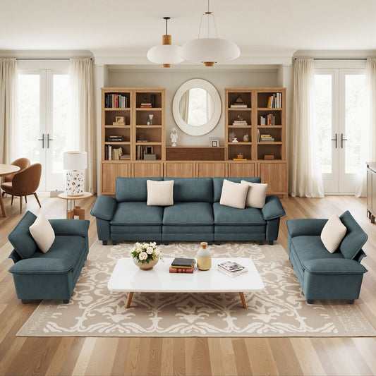 Sophia&William 123.6"L Modular Sectional Sofa Sets, Oversized Chenille Cloud Couch Set 5-Seat 24.4"W Deep Sofa Sectional with 5 Throw Pillows for Living Room,Blue