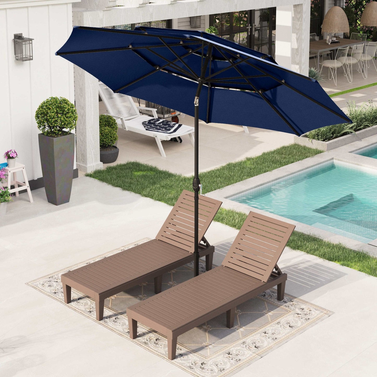 Alpha Joy 10ft 3 Tier Auto-tilt Outdoor Patio Umbrella Beach Garden Double Vented Table Umbrella with Push Button Tilt and Crank, Navy Blue