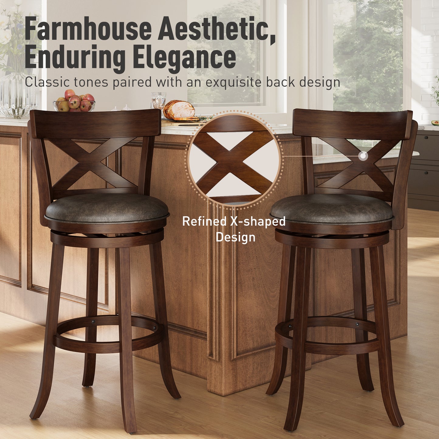 Sophia & William 30" Swivel Bar Stools, Set of 2 with Cross Back Durable Wood Frame Padded Counter Stools for Kitchen Island,Brown