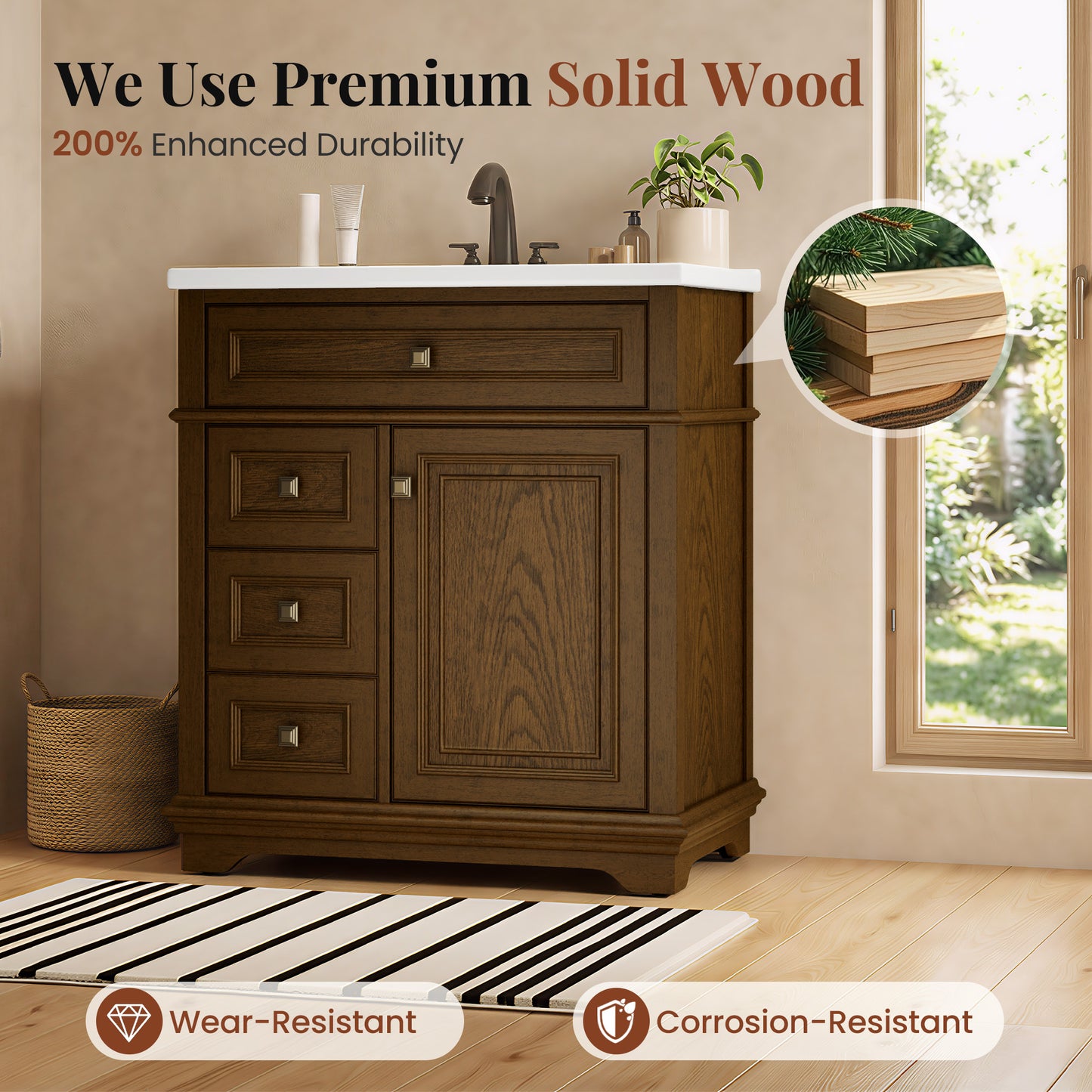 Sophia & William 30inch Bathroom Vanity with 5inch Deep Sink Freestanding Wood Bathroom Cabinet Vanity with 1 Door & 2 Drawers, Walnut