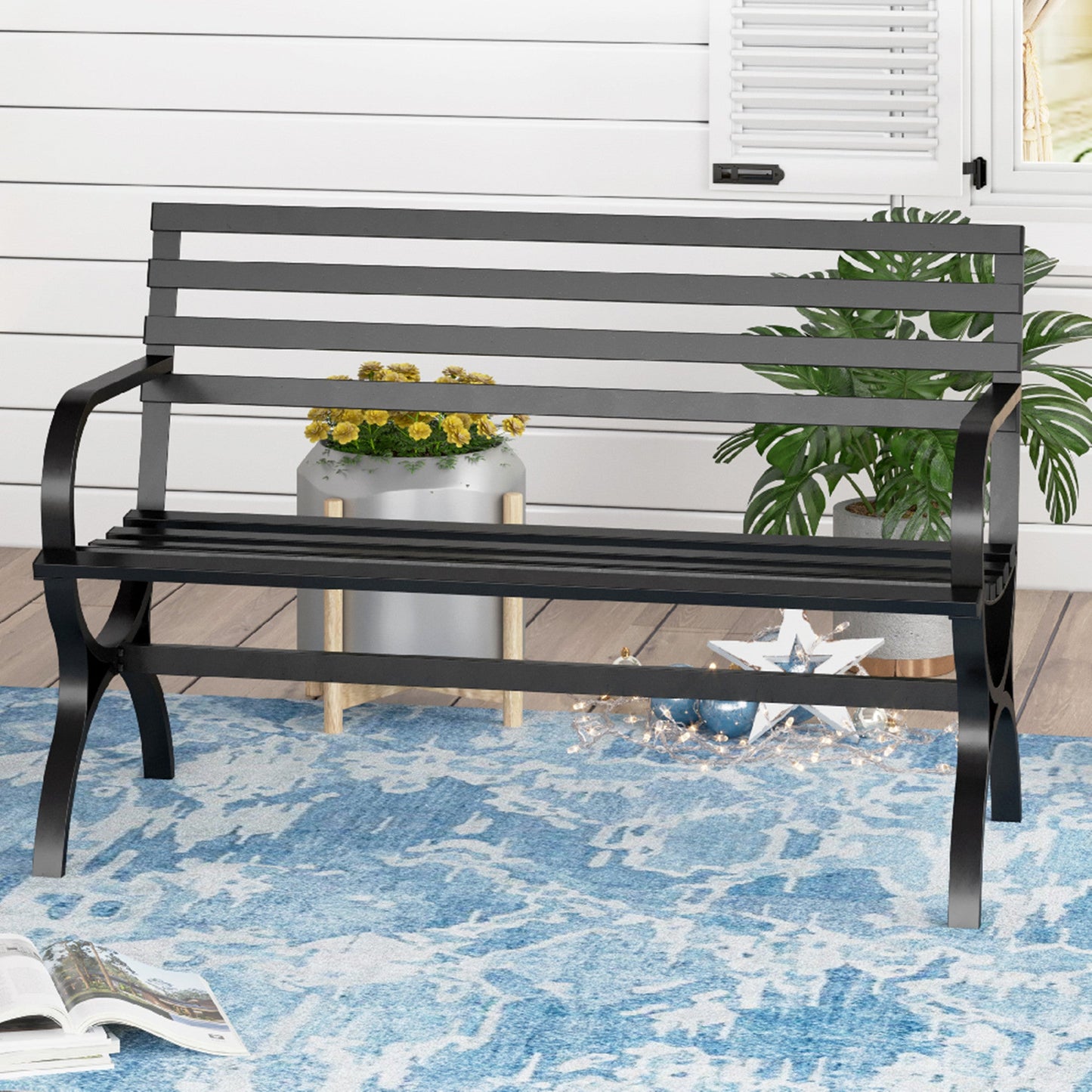 Alpha Joy 48.8” Outdoor Metal Patio Garden Bench for Lawn, Park, Deck - Black