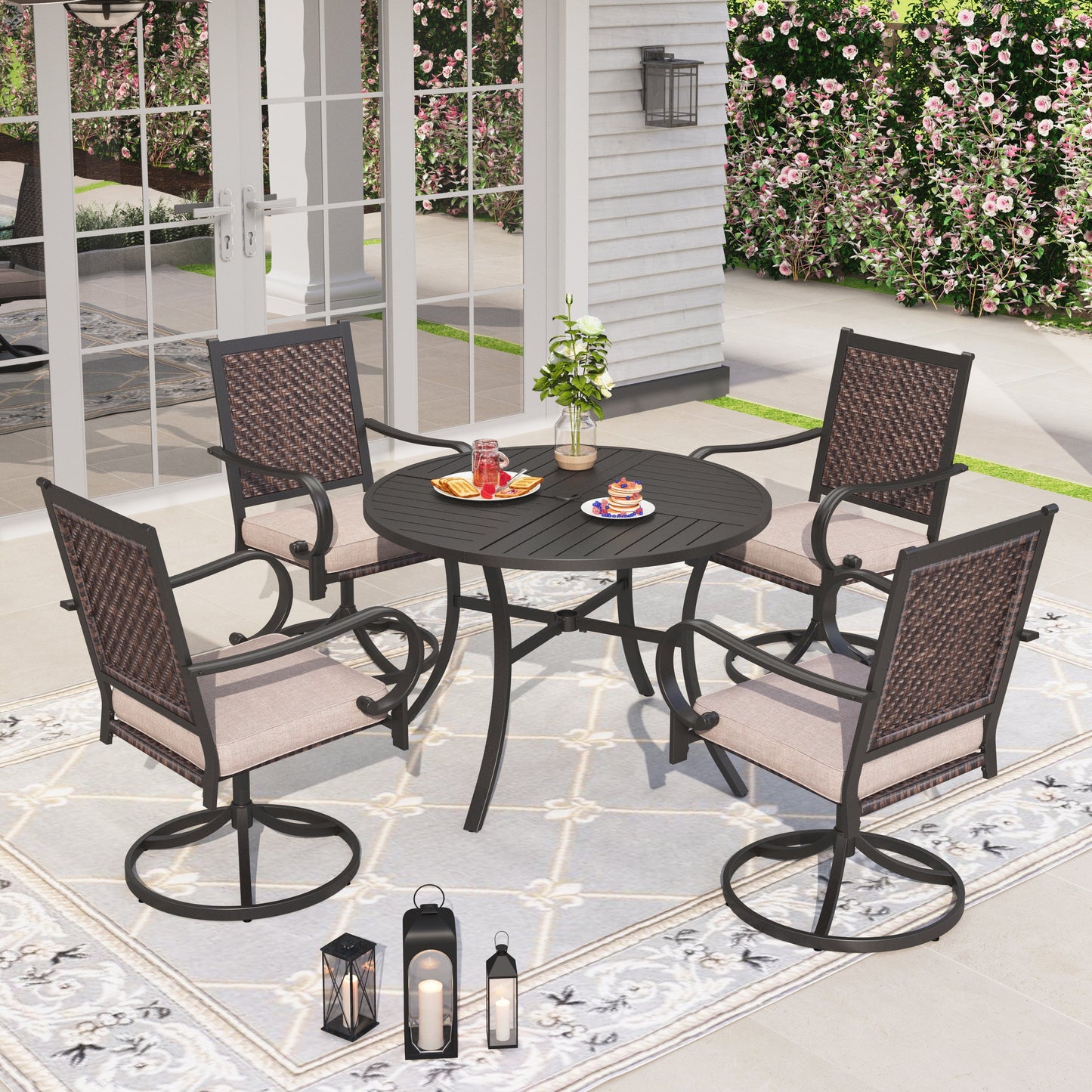 Sophia & William 5 Pieces Outdoor Patio Dining Set Wicker Swivel Chairs and Steel Table